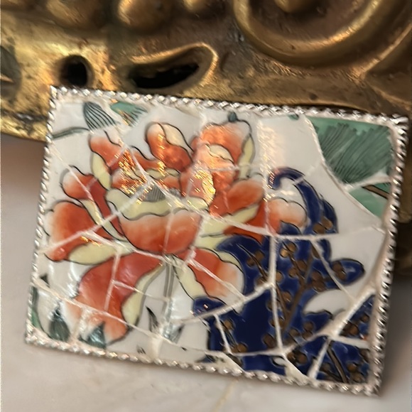 Handmade up cycled vintage, porcelain mosaic belt, buckle 3 1/2” x 2 1/2”